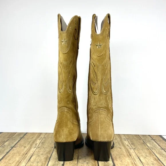 Zara Embroidered Taupe/Tan Suede 15.5” Pull-On Boots, Size 7.5 - Picture 4 of 15